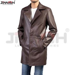 New Long Jet <b>Black</b> Leather Coats Fully Customized With Front Style Double-breasted Buttons Belt Collar Style Shirt Center - Product Image 3