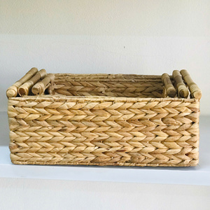 The Set of 3 Water Hyacinth <b>Rectangle</b> <b>Basket</b> with Wooden Handle Multifunction <b>Storage</b> <b>Basket</b> - Product Image 4