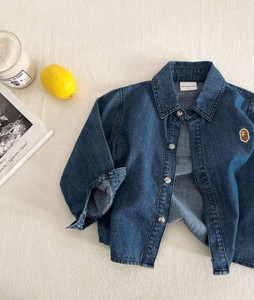 Chemise en jean pour garçon, manches longues, coton, couleur unie, col rabattu, détail patch, printemps automne, hauts pour enfants - Product Image 3