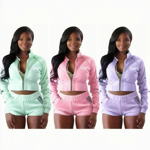 Custom Logo Women's 2 Piece Sporty <b>Set</b> <b>Short</b> Sleeve Zip Up <b>Top</b> High Waist <b>Shorts</b> Breathable Spandex Polyester Activewear - Product Image 4