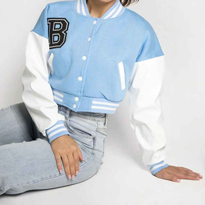 Blouson universitaire bleu clair et blanc à blocs de couleur, col rabattu, fermeture éclair, coupe courte et ample, style preppy, idéal pour le printemps - Product Image 2