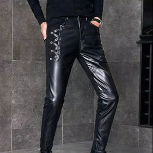 Pantalon de motard en cuir de vache véritable pour homme, coupe slim, style streetwear, club, moto, couleurs mélangées, élégant - Product Image 1