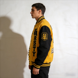 Boutique Men’s Varsity Bomber – Distressed Vintage Leather Sleeves with Heavyweight Charcoal <b>Felted</b> Wool - Product Image 3