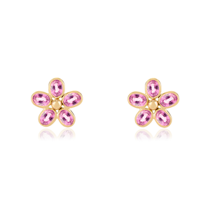 Magnifiques boucles d'oreilles florales en or jaune 14 carats avec saphir rose serti clos, design magnifique, cadeau d'anniversaire pour elle, bijoux raffinés - Product Image 1