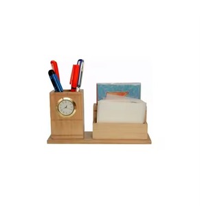 Porte-stylos en bois avec horloge, organisateur de bureau, rangement de bureau minimaliste pour stylos et crayons, forme rectangulaire - Product Image 3