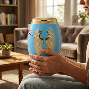 Urna Funeraria de Latón Azul Cielo con Alas de Ángel Doradas, Tallada a Mano, Recuerdo Conmemorativo para Cenizas Humanas - Product Image 2