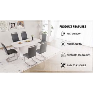 Set di 6 Sedie Senza Braccioli in Stile Moderno Medievale, in MDF e PU, Colore Crema, 63 Pollici Set da Pranzo in Metallo Placcato Argento da Assemblare per Sala da Pranzo - Product Image 6