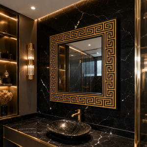 Luxury Gold Greek Key Bathroom <b>Mirror</b> Square <b>Wall</b> Decor <b>for</b> Black Marble Vanity Hotel Washroom Interior Design - Product Image 2