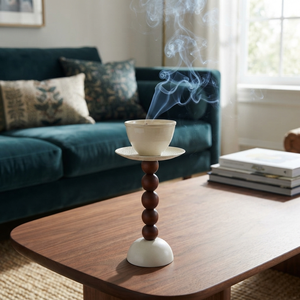 Supports de brûleurs d'encens hauts en bois et métal avec bols métalliques, décoratifs et élégants pour salon moderne - Product Image 3