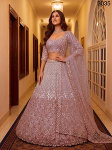 Pink Heavy Net Bridal Lehenga Choli <b>Sequins</b> Zari Embroidered Semi Stitched With Soft Net Dupatta Wedding Party Wear - Product Image 3