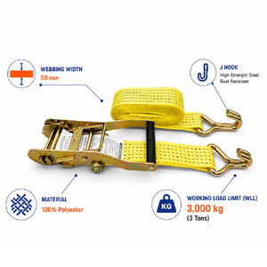 Correa de Amarre de Poliéster Amarillo de 50 mm con Gancho Doble J, Correa de Sujeción de Carga de Alta Resistencia, Longitud Personalizada, Resistencia al Rotura de 3000 kg - Product Image 6