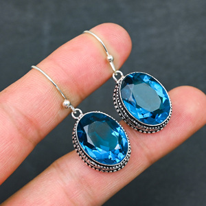Boucles d'oreilles personnalisées en argent sterling 925 avec topaze bleue créée en laboratoire, 1,9 pouce, bijoux en pierres précieuses faits à la main, boucles d'oreilles fines antiques, cadeau pour femme - Product Image 4