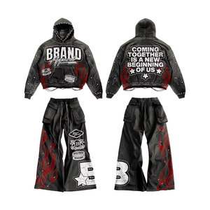 Ensemble de survêtement streetwear personnalisé pour homme, coupe ample, avec sweat à capuche et pantalon empilé, orné de strass et effet délavé à l'acide, pour l'hiver, vente en gros 2 - Product Image 2