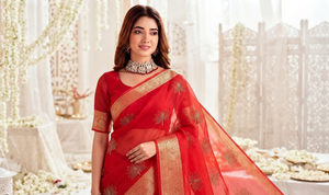 <b>Red</b> Cotton <b>Saree</b> Gold Embroidery Traditional Wedding Wear for Women India Pakistan Style Floor-Length Regular Fit Sun Protection - Product Image 3