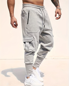 Men's Gray Corduroy Breathable Eco-Friendly Plus Size Cargo Casual Joggers Mid Waist Drawstring Loose Fit Pockets Autumn Wear - Product Image 1