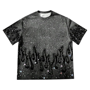 เสื้อยืดผู้ชายลายกราฟิกประดับเพชร สไตล์วินเทจ แขนสั้น สตรีทแวร์ เสื้อยืดวิบวับ - Product Image 3