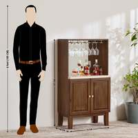 Meuble bar en teck massif noyer foncé avec plateau en bois, porte-verres à vin, console de rangement, organisation écologique des boissons, démontable