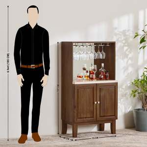 Dark Walnut Bar Cabinet with Marble Top and Wine Glass <b>Rack</b> Storage Console for <b>Drinks</b> Organization - Product Image 6
