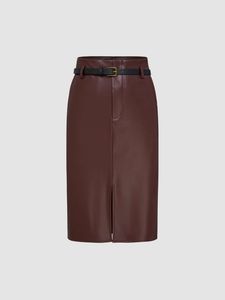 Jupe crayon en cuir pour femme à taille haute avec ceinture, longueur genou, couleur unie, style élégant, à porter en toutes saisons - Product Image 2