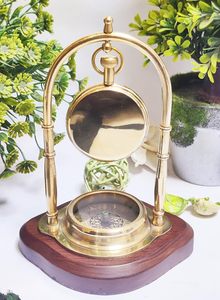 Antique Brass Hanging <b>Table</b> <b>Clock</b> with Wooden Compass Base Silent Vintage Desk <b>Clock</b> Decorative Brass Gift Item - Product Image 2