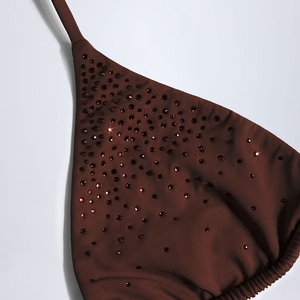 Ensemble bikini marron à sequins pour femme, haut triangle à col halter, bas string, tissu extensible, couleur unie, maillot de bain tricoté - Product Image 6