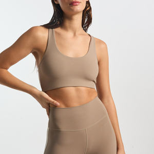 Women's Beige Racerback Sports Bra Medium Support Seamless Solid Yoga Top High Waist Shorts Set - Product Image 4