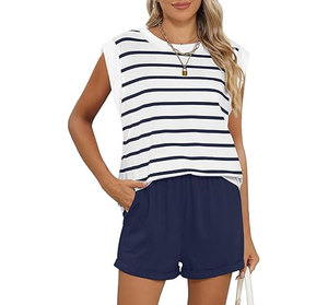 2 Piece Outfits for Women Lightweight Matching Lounge Sets <b>Cap</b> Sleeve Top and Elastic Waited Shorts - Product Image 1