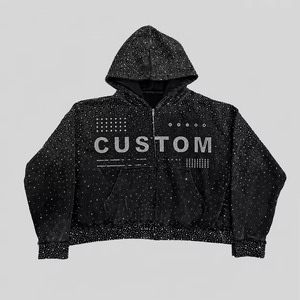 Sweat à capuche zippé en molleton lavé avec logo personnalisé en strass, mélange de coton, coupe oversize à épaules tombantes, style boxy, effet vieilli brodé - Product Image 4