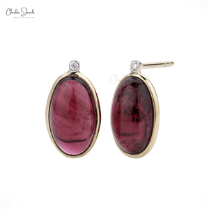 Latest Design 12x7 Oval Cabochon Pink Tourmaline & Diamond <b>Studs</b> <b>Earring</b> in 14k <b>Fine</b> Yellow Gold Wedding Anniversary Gift - Product Image 3