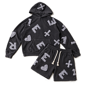 Custom Acid Wash Sepaling Hoodod Tracksuit <b>Aesthetic</b> Cotton Patchwork Jogger Matching Distress Print For Men <b>Hoodies</b> Shorts Set - Product Image 1