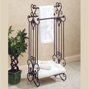 Porte-serviettes sur pied pour salle de bain, support de serviettes autoportant avec étagère de rangement, design en fer forgé noir antique - Product Image 1