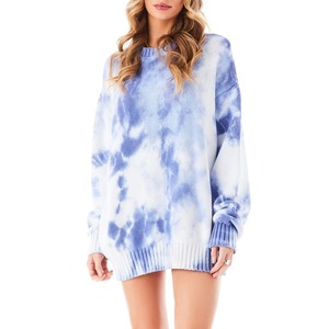 Pull en tricot tie-dye bleu surdimensionné pour femme, robe pull en maille épaisse, coton acrylique, manches longues, personnalisable OEM - Product Image 6