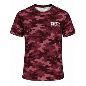 เสื้อยืดลายพรางเบอร์กันดีผู้ชายแขนสั้นคอกลมพิมพ์ลายพรางยิมเทรนนิ่งวิ่งออกกำลังกายชุดกีฬาประสิทธิภาพสูง - Product Image 1