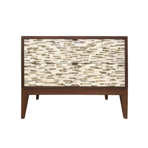 Coffre de rangement contemporain à mosaïque de briques horizontales, fonctionnant également comme une table de chevet décorative à double tiroir en nacre. - Product Image 1