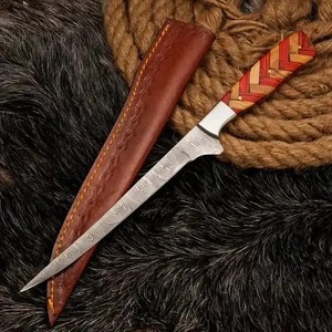 Couteau à filet en acier Damas fait main 12 pouces, manche en bois d'olivier et Pakka, talon en acier, lame droite, épaisseur 0,6 mm, étui en cuir - Product Image 1