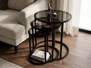 โต๊ะซ้อนกระจกรมควัน โครงโลหะรูปตัว C ชุดเฟอร์นิเจอร์กาแฟทรงกลม - Product Image 6