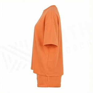 Women's Orange 2 Piece Knitted Shorts <b>Set</b> Crew Neck Short Sleeve Loose Fit Solid Color Casual Above Knee Home Wear <b>Twin</b> <b>Set</b> - Product Image 3