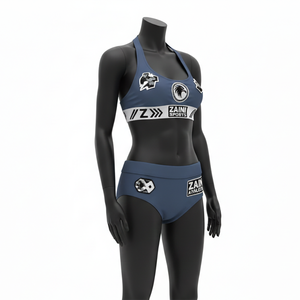 Ensemble de bikini pour femme en nylon et élasthanne, séchage rapide, bleu et blanc, blocs de couleur, logo personnalisé par transfert thermique pour ensemble de bikini - Product Image 4
