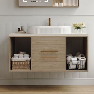 Mobile Bagno Moderno Sospeso da Parete 38.2 con Lavabo Ovale in Ceramica, Mobiletto Multistrato in Legno Massello e Cassetti con Chiusura Ammortizzata - Product Image 5
