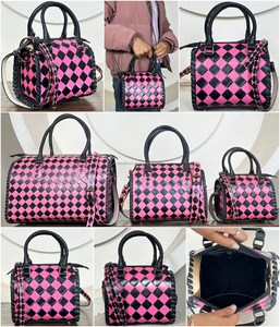 Designer Pink & Black Checkered Hand <b>Tooled</b> <b>Leather</b> Small Speedy Bag Compact Women Top Handle Mini Shoulder Crossbody Duffel Bag - Product Image 3