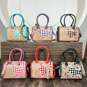 High Quality Portable Large Capacity <b>Tooled</b> Floral Checkered Speedy Duffel Bags Cowgirl Style Handmade Crossbody Female Handbags - Product Image 4