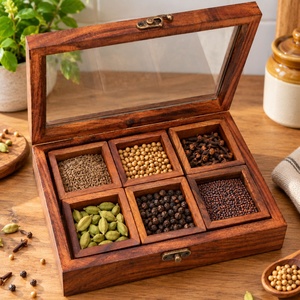 Boîte à épices en bois faite à la main avec couvercle en verre, 6 compartiments, Masala Dabba, organisateur de cuisine - Product Image 1