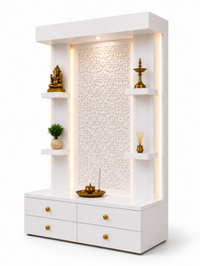 Mueble de Pooja de Madera de Teca de Diseño Moderno y Lujoso, con Símbolo Om y Detalles en Dorado, Nuevo, Duradero, Color Marfil, Tamaño Personalizado, Decoración para el Hogar - Product Image 4