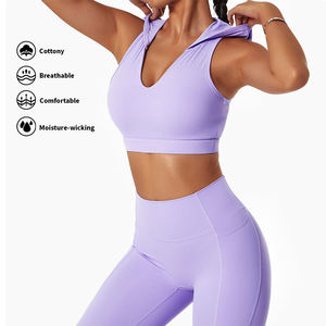 Ensemble de yoga pour femme : Crop top violet à col en V et dos nageur, leggings longs taille haute sans coutures avec poches - Product Image 5