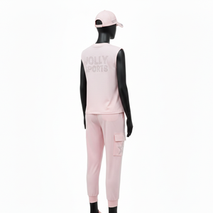 Conjunto de Dos Piezas para Mujer, Camiseta sin Mangas, Tela de Mezcla de Algodón de Alta Densidad, Color Rosa Pastel, Pedrería Hotfix, Logotipo Personalizado - Product Image 5
