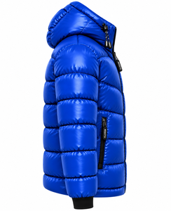 <b>Mens</b> Blue Hoodie shiny Puffer Jacket Windproof Winter streetwear running Coat customized logo <b>mens</b> puffer jacket wholesale - Product Image 3