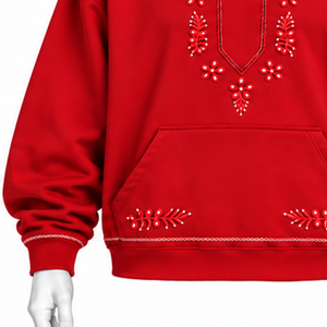 Sudadera con Capucha Roja Indus Bordada, Bordado Floral, Bolsillo Canguro, Corte Holgado, Estilo Casual Urbano, Sudadera de Moda para Invierno - Product Image 5