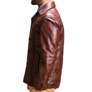 Custom Design Soft Comfortable Breathable Vintage Winter Genuine Cowhide <b>Leather</b> Hooded Varsity <b>Jacket</b> Solid Radish <b>Brown</b> <b>Men</b> - Product Image 1
