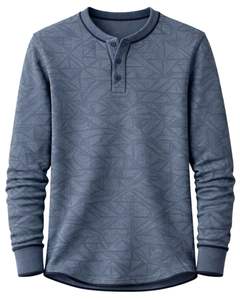 <b>Mens</b> Steel Blue Geometric Printed <b>Henley</b> Pullover Sweatshirt Long Sleeve French Terry Regular Fit Casual <b>Top</b> For <b>Men</b> Winter Wear - Product Image 1