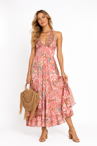 Halter Neck Silk Maxi <b>Dress</b> Multicolor Printed Backless Boho Summer <b>Dress</b> Elegant Beachwear Casual Party <b>Dress</b> Wholesale - Product Image 2
